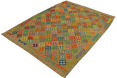 Flat Weave Kilim Antique Navaho Vintage handmade Geometric Kilim Brown Rust Hand-Woven Rectangle 100% Wool Area Rug 6x8